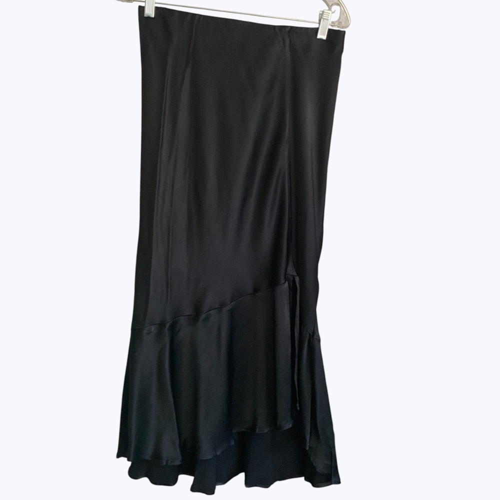 Anthropologie NWOT Asymmetrical Black Satin Flounce Ruffle Slip Midi Skirt SZ S - Picture 7 of 11